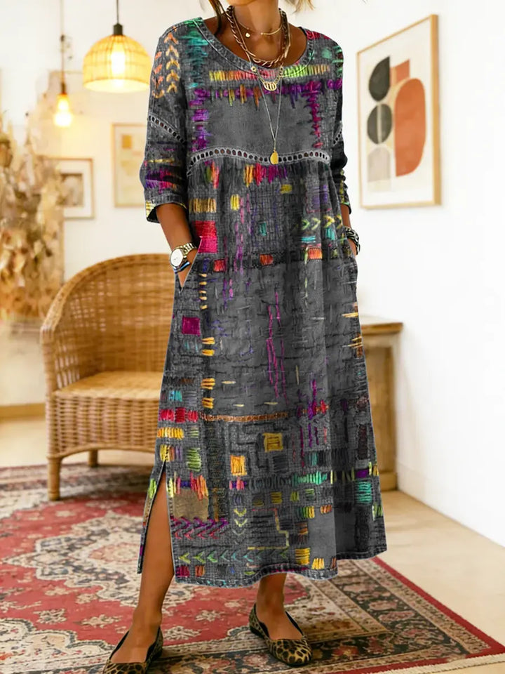 María | Vestido Denim con Patchwork Étnico