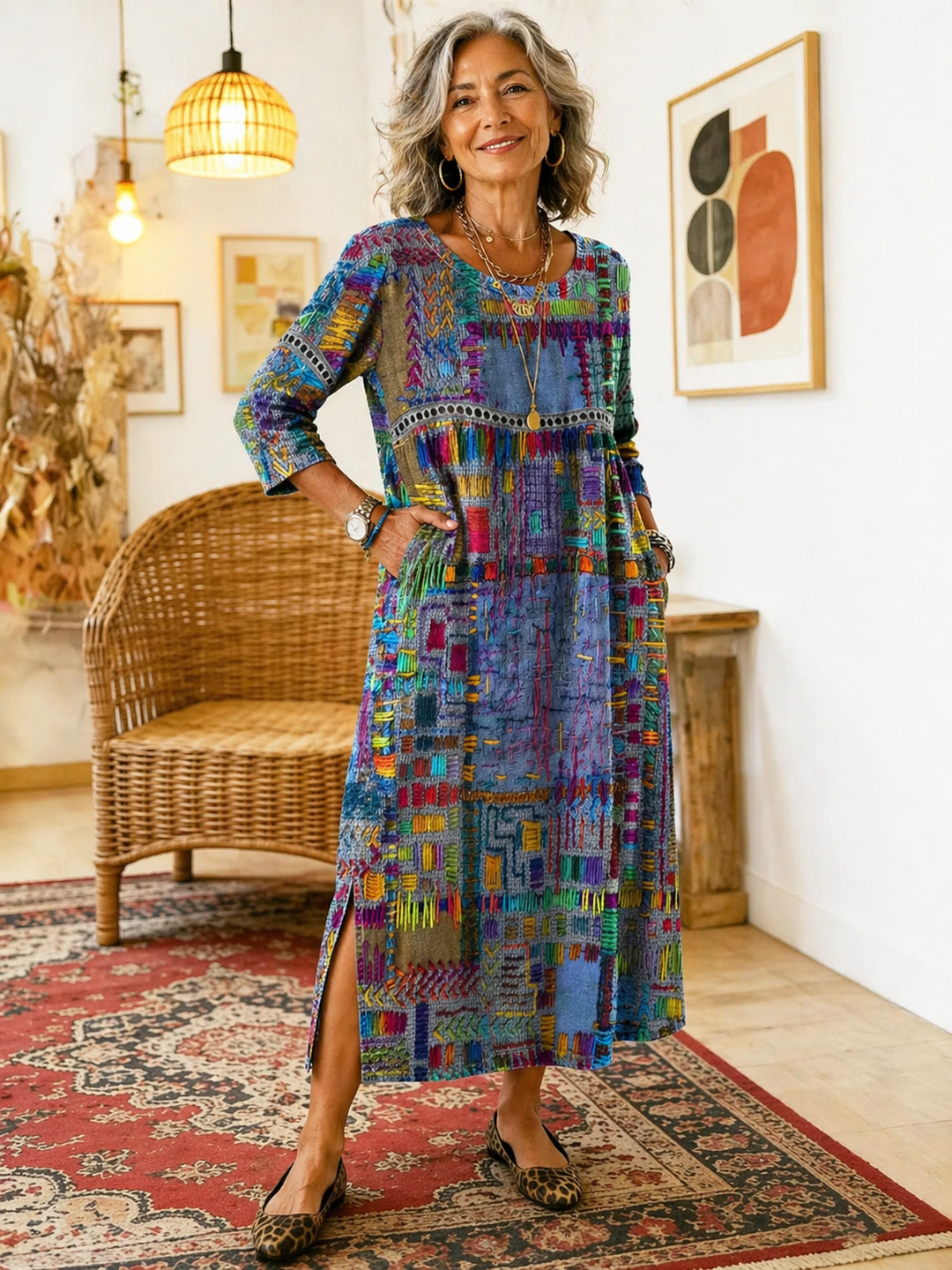 María | Vestido Denim con Patchwork Étnico