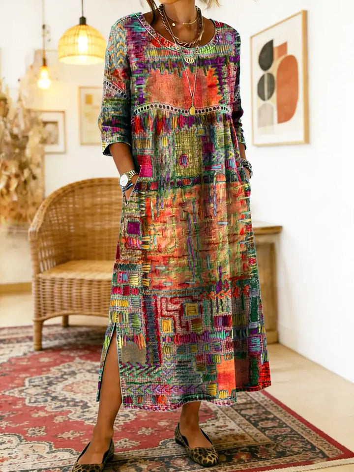 María | Vestido Denim con Patchwork Étnico