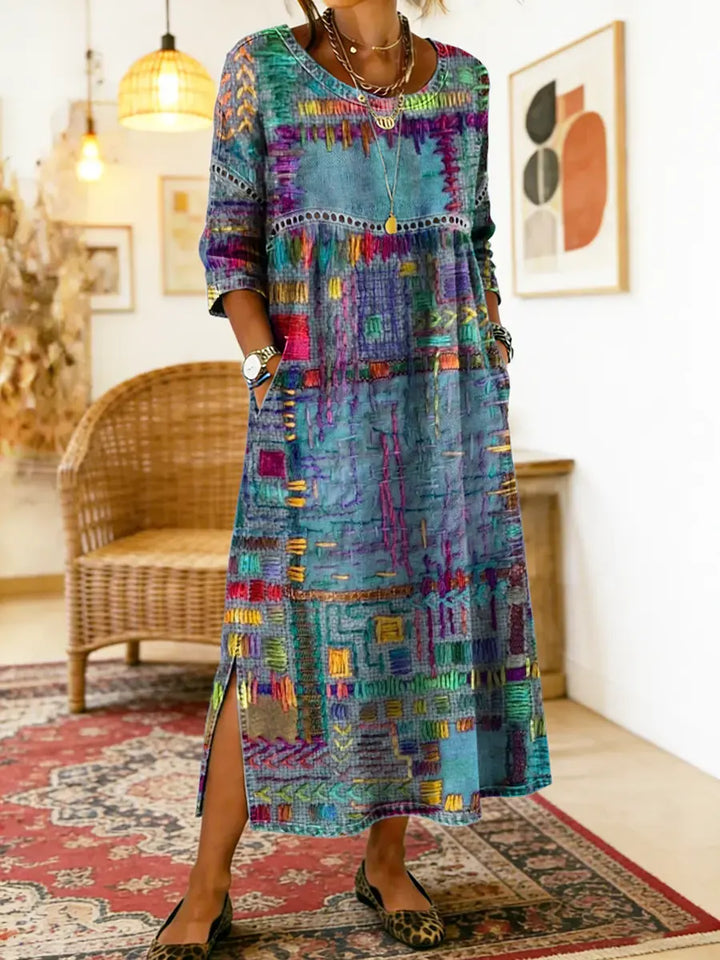 María | Vestido Denim con Patchwork Étnico
