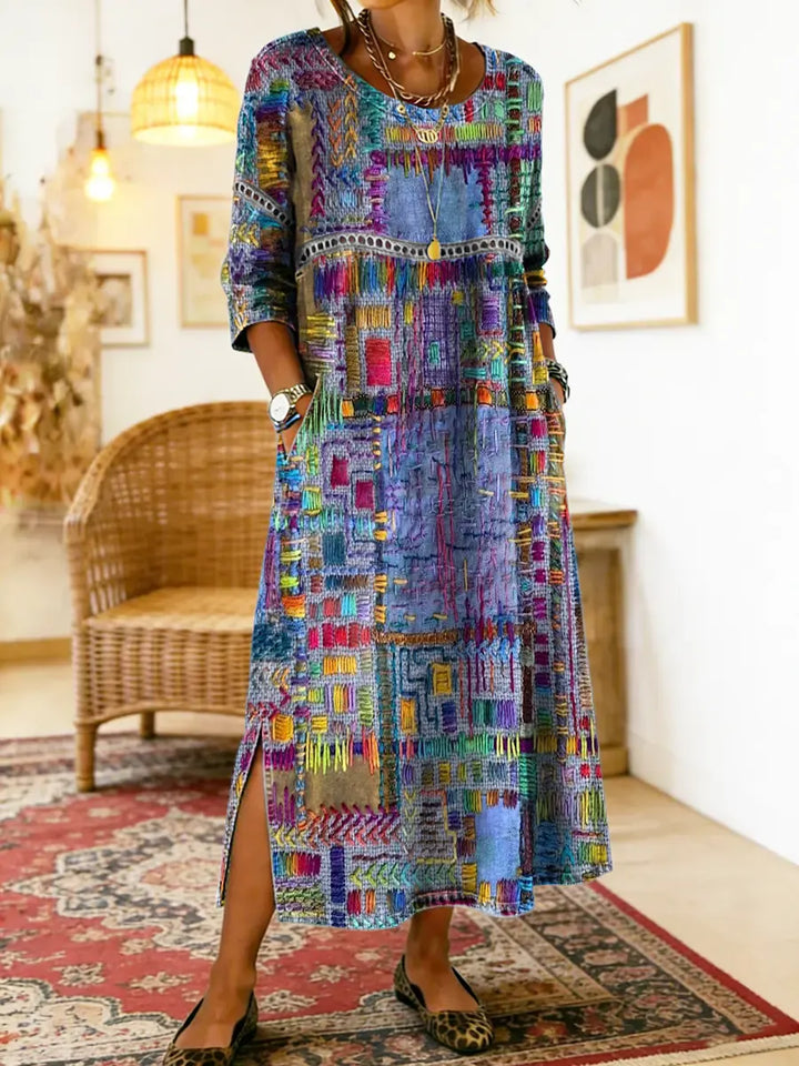 María | Vestido Denim con Patchwork Étnico